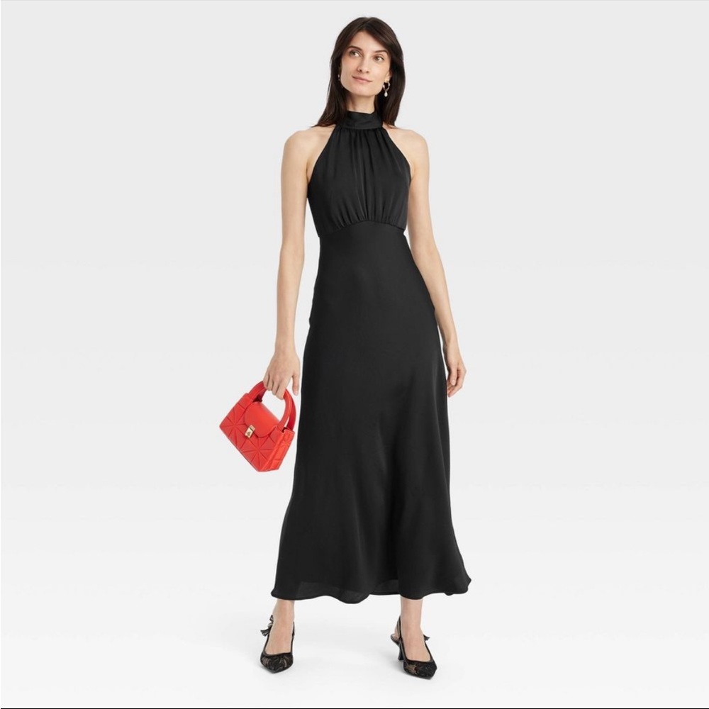 a new day Black Satin Tie Halter  A-line Midi Dress - Elegant Evening Gown